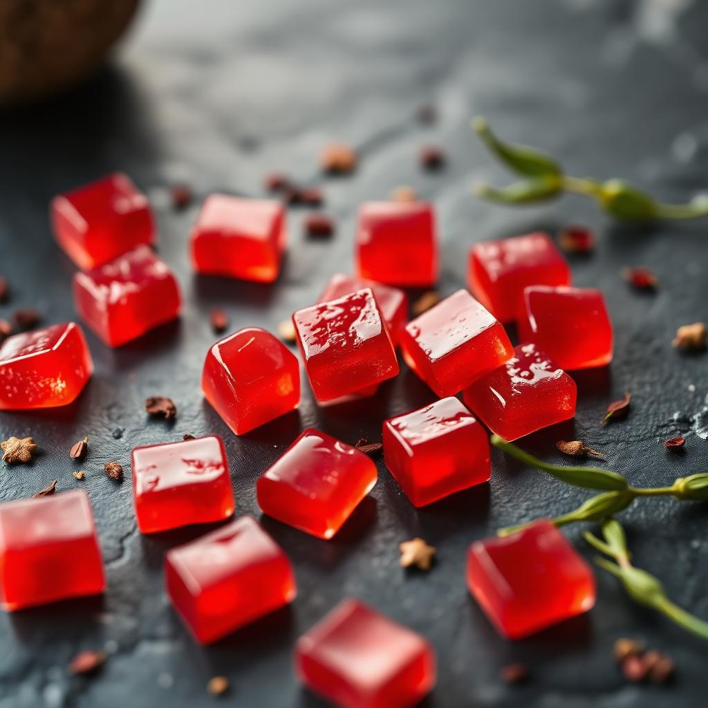 Close-up of red Spicy Cubes gummies on slate